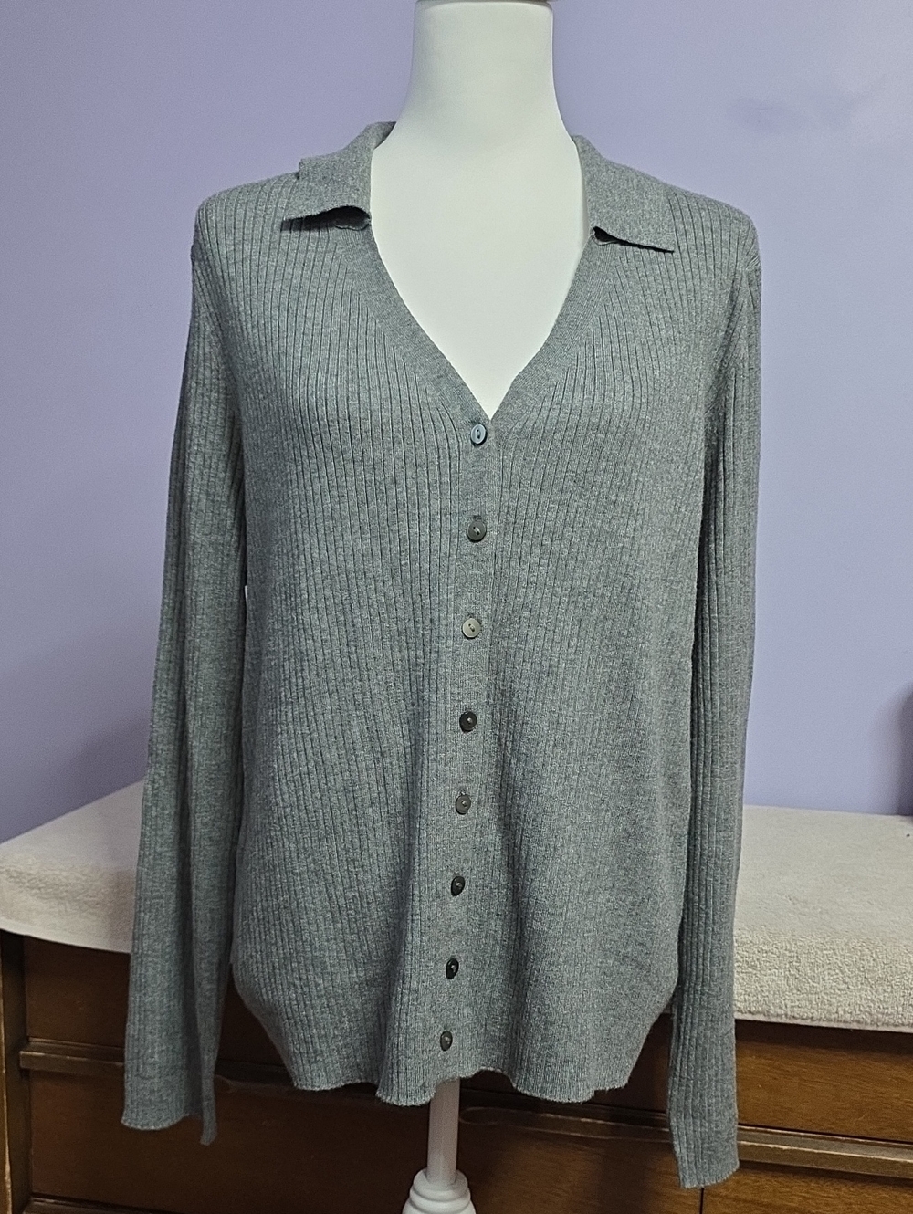 a new‎ day Grey Ribbed Button-Front Collared Cardigan